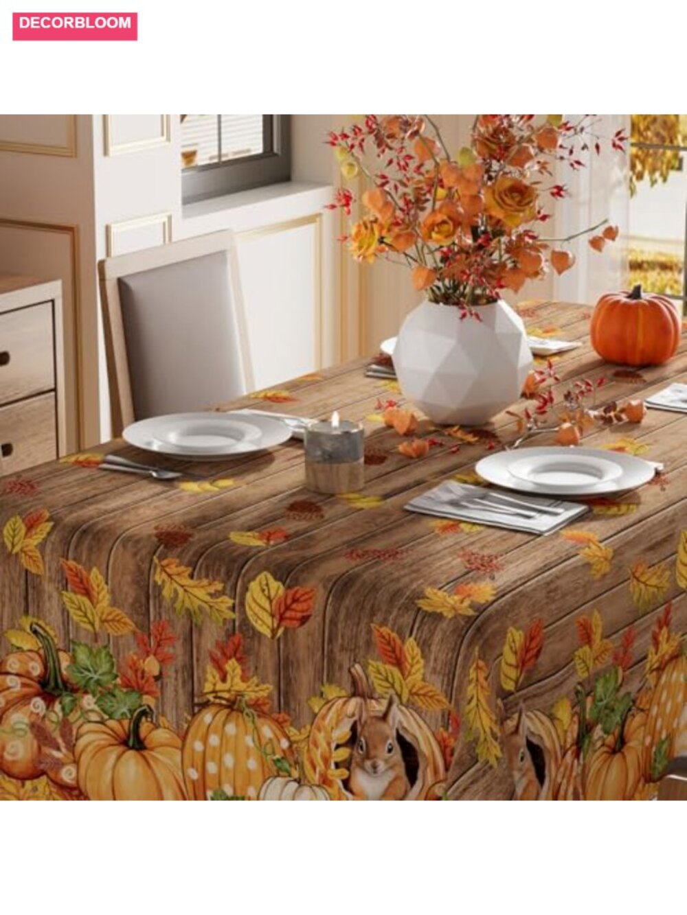 Fall Squirrel Pumpkin Rectangular Tablecloth 60x84 Inch Polyester - Picture 2 of 5